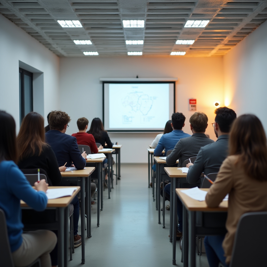 Adults in a clean classroom setting engaged in financial education learning