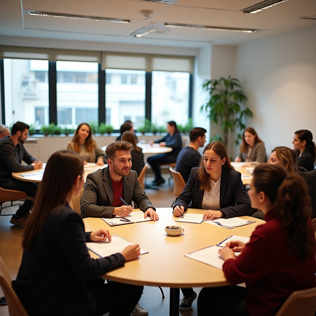 Group of adults in a comfortable educational setting reviewing printed materials